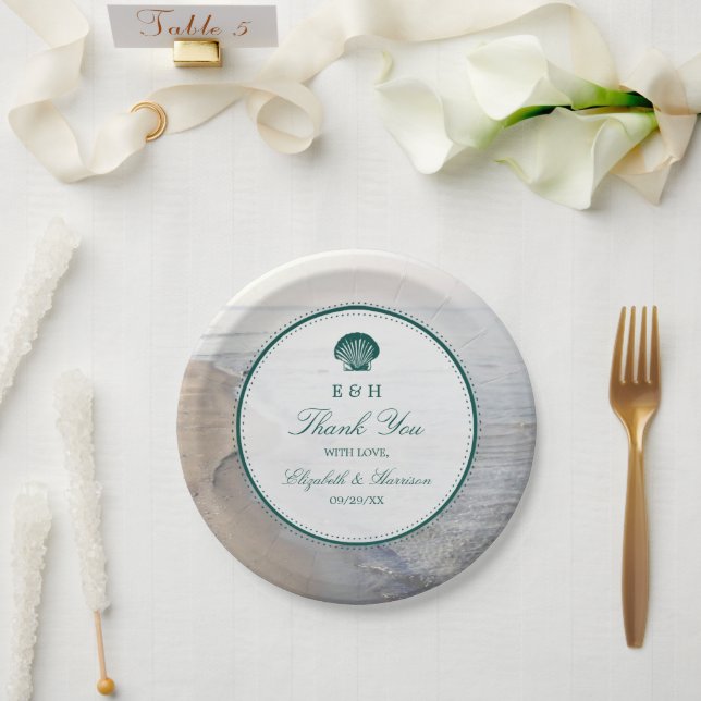 Assiettes En Carton Monogramme élégant et mariage Turquoise sur la pla (Mariage)