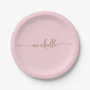 Assiettes En Carton Monogramme élégant minimal or écriture rose poudré