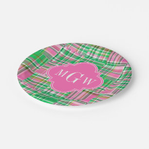Assiettes En Carton Monogramme Emerald Hot rose Preppwork Madras