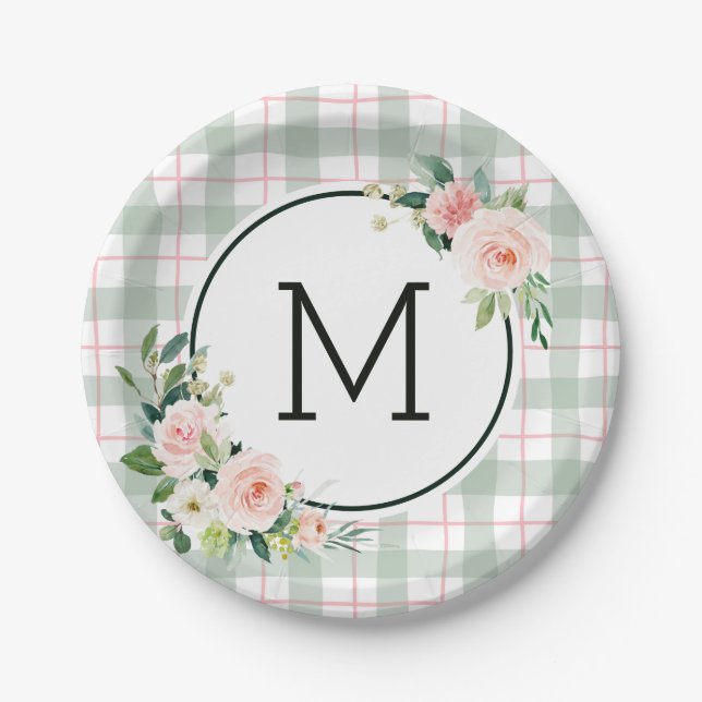 Assiettes En Carton Monogramme en pastel de plaid de la fleur | (Devant)