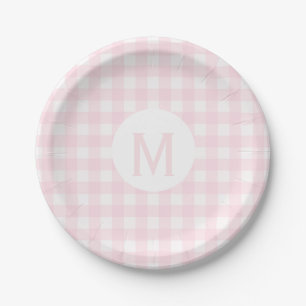 Assiettes En Carton Monogramme En vichy rose pâle simple
