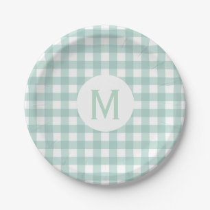 Assiettes En Carton Monogramme En vichy vert simple de base