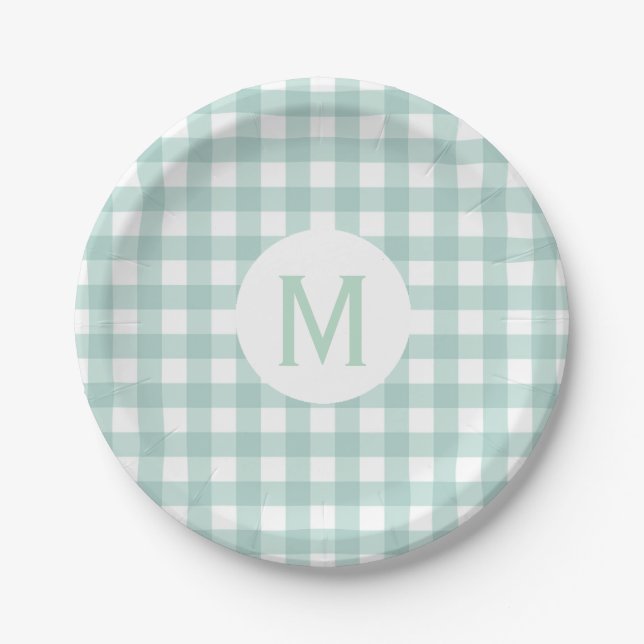 Assiettes En Carton Monogramme En vichy vert simple de base (Devant)