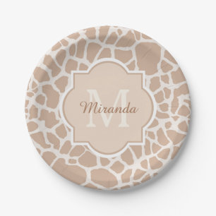 Assiettes En Carton Monogramme et nom brun clair chics d'impression de