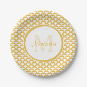 Assiettes En Carton Monogramme et nom des pétoncles jaunes et blancs m