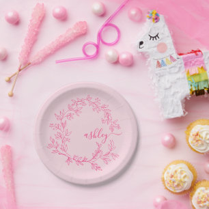 Assiettes En Carton Monogramme Féminin Moderne en Écriture Rose Chaud