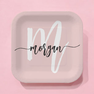 Assiettes En Carton Monogramme Féminin Moderne en Rose Pâle avec Nom e