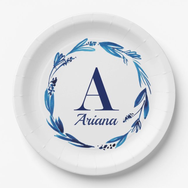 Assiettes En Carton Monogramme floral bleu 'A' (Devant)