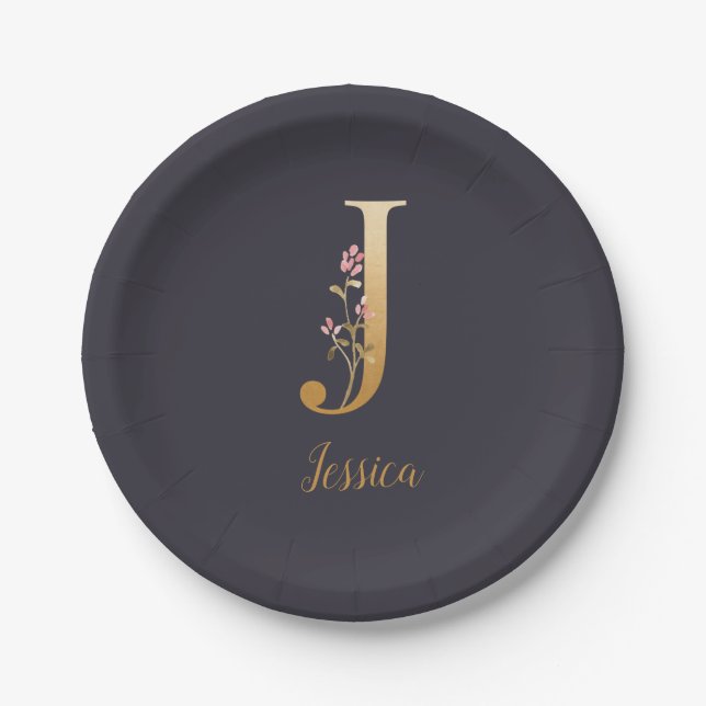 Assiettes En Carton Monogramme floral élégant bleu or personnalisé J  (Devant)