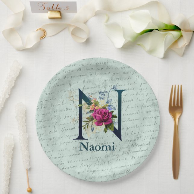 Assiettes En Carton Monogramme floral élégant initial N (Mariage)