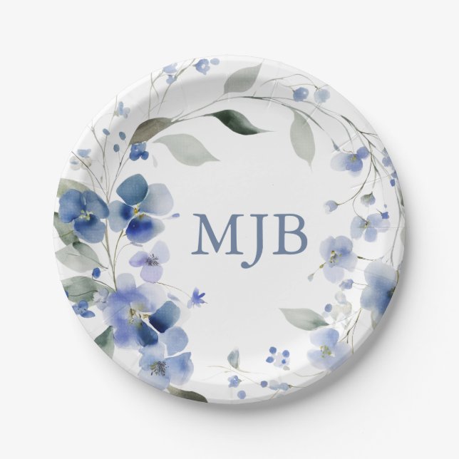 Assiettes En Carton Monogramme Floral Élégant Personnalisé Bleu (Devant)