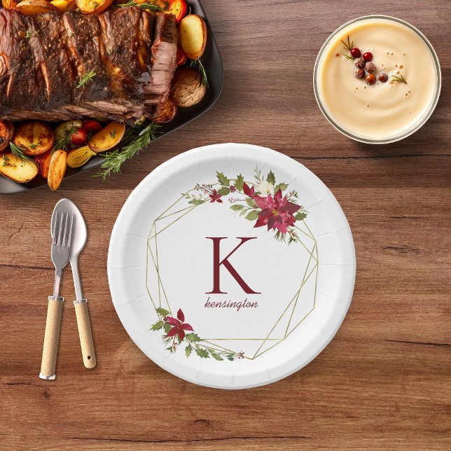 Assiettes En Carton Monogramme géométrique de couronne fleurie de vaca (Modern Holiday Geometric Floral Wreath Monogram Paper Plates)