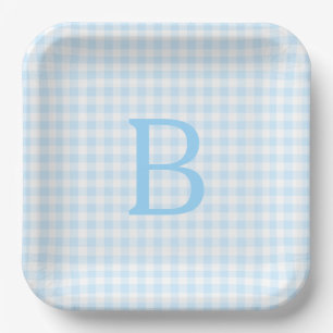 Assiettes En Carton Monogramme Gingham Bleu Pastel et Blanc