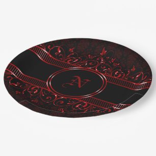 Assiettes En Carton Monogramme gothique orné noir et rouge