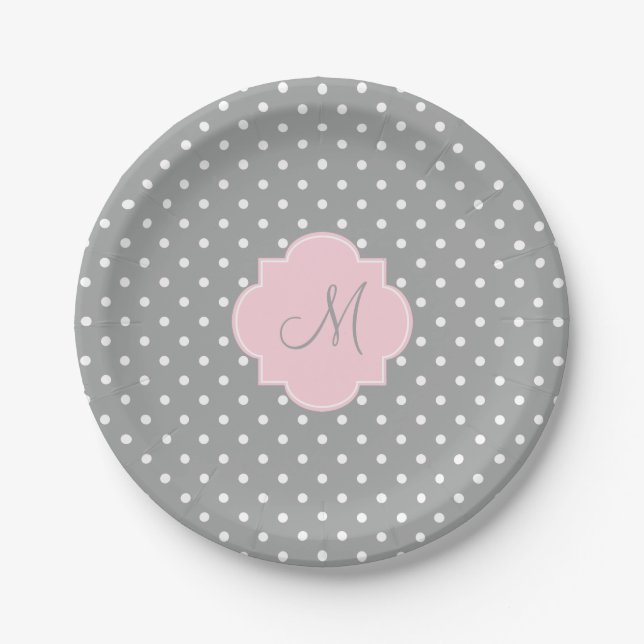 Assiettes En Carton Monogramme Gris, Blanc et Pastel Pink Polka Dot (Devant)