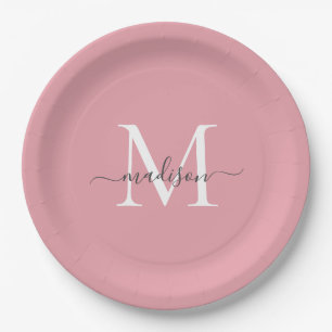Assiettes En Carton Monogramme gris gris rose pâle pour filles Nom élé