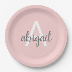 Assiettes En Carton Monogramme gris mou rose pâle