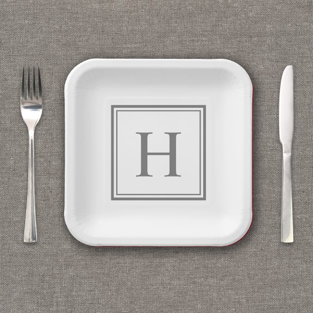 Assiettes En Carton Monogramme gris simple sur blanc (Personalize this party plate with your monogram initial.
)