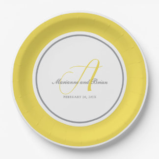 Assiettes En Carton Monogramme illuminant jaune, gris avec blanc