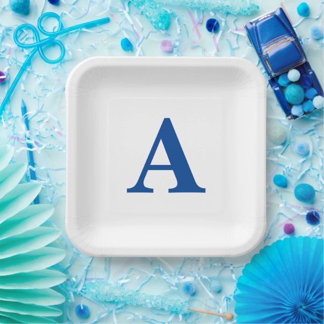 Assiettes En Carton Monogramme Initial Élégant Nom personnalisé Bleu B (Fête)