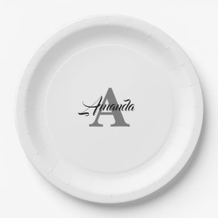 Assiettes En Carton Monogramme Initial Élégant Nom personnalisé Gris B