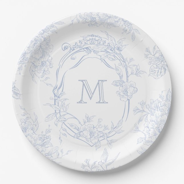 Assiettes En Carton Monogramme initial Floral Toile bleu Mariage (Devant)
