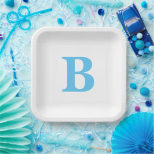 Assiettes En Carton Monogramme Initiales Baby shower bleu blanc person
