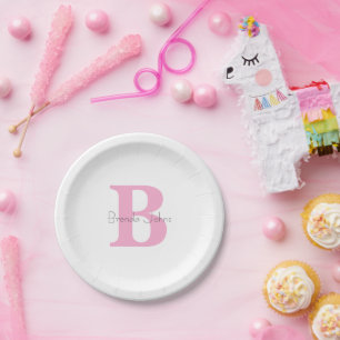 Assiettes En Carton Monogramme Initiales Baby shower rose Nom personna