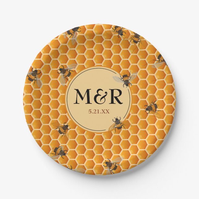 Assiettes En Carton Monogramme Initiales Honeypeb Bees Gold (Devant)