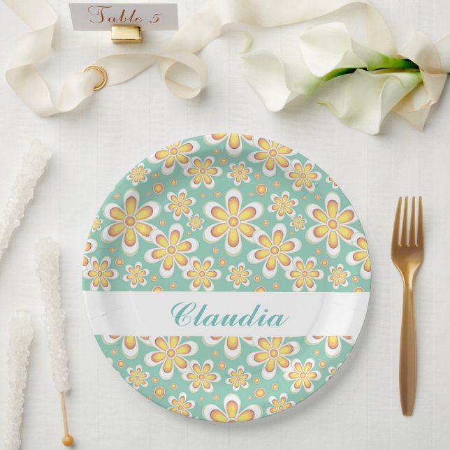 Assiettes En Carton Monogramme joli fleurs orange sur vert (Mariage)