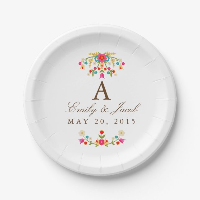 Assiettes En Carton Monogramme Mariage de fleurs de pays (Devant)