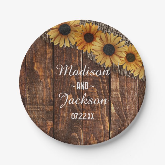 Assiettes En Carton Monogramme Mariage de tournesol en bois rustique e (Devant)