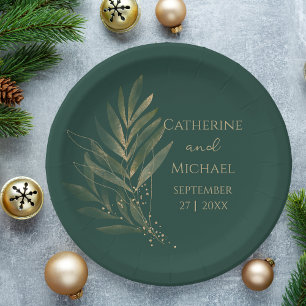 Assiettes En Carton Monogramme Mariage Emerald Green Gold Leaf