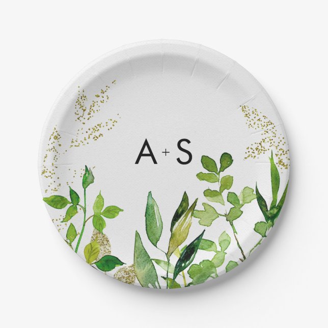 Assiettes En Carton Monogramme Mariage encadré de feuilles vertes et o (Devant)