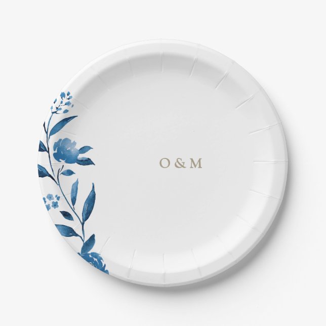 Assiettes En Carton Monogramme Mariage floral bleu (Devant)