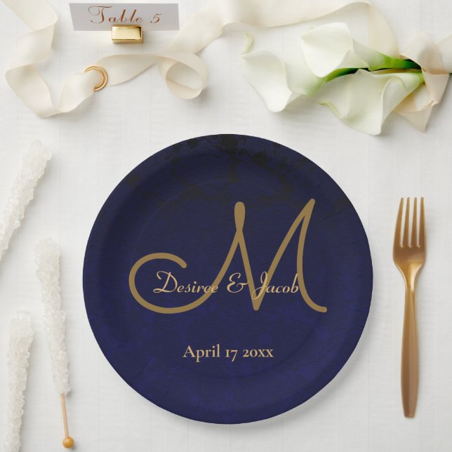 Assiettes En Carton Monogramme Mariage floral bleu foncé Marine (Mariage)