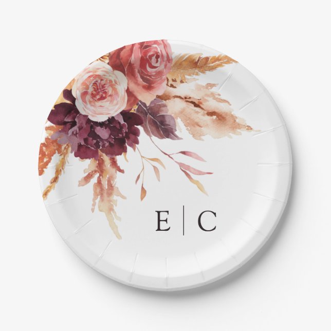 Assiettes En Carton Monogramme Mariage floral de Terracotta Bourgogne (Devant)