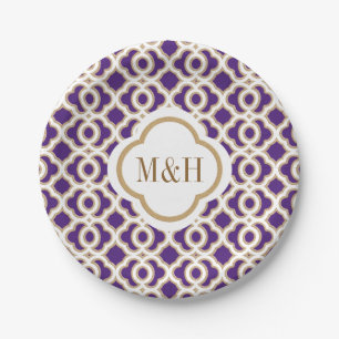 Assiettes En Carton Monogramme Mariage marocain violet et or
