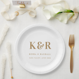 Assiettes En Carton Monogramme mariage minimaliste Or simple et blanc