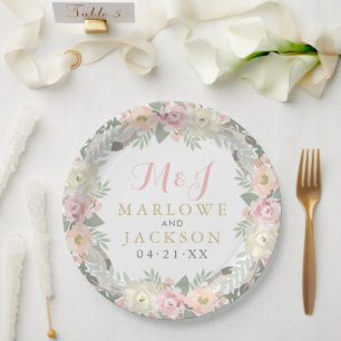 Assiettes En Carton Monogramme Mariage rose et or Floral Boho