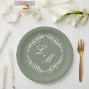 Assiettes En Carton Monogramme Mariage vert Sage de la branche de scri