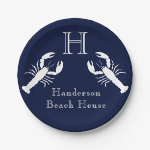 Assiettes En Carton Monogramme Marine Bleu Bleu Homard Nautique   