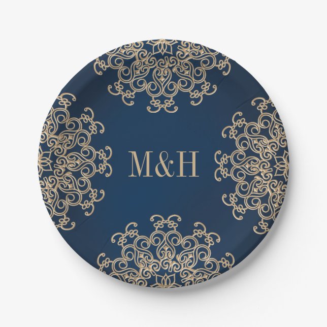 Assiettes En Carton Monogramme Marine et Mariage de style indien or (Devant)