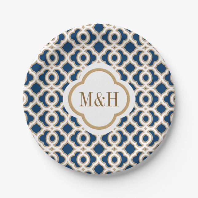 Assiettes En Carton Monogramme Marine et Mariage d'or marocain (Devant)