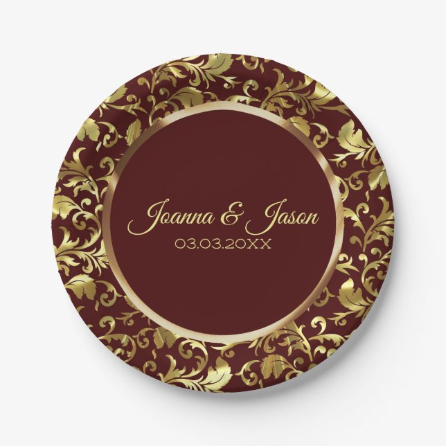 Assiettes En Carton Monogramme Métallurgique Damas Et Cercle Brown (Devant)