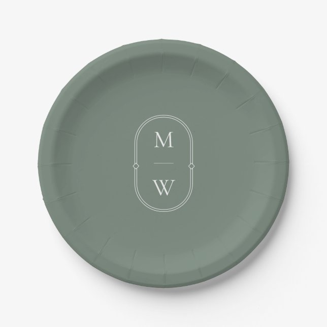 Assiettes En Carton Monogramme minimaliste Mariage vert (Devant)