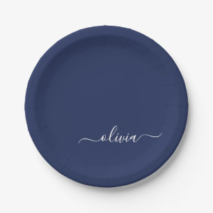 Assiettes En Carton Monogramme moderne bleu marine et blanc