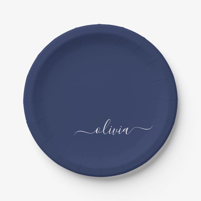 Assiettes En Carton Monogramme moderne bleu marine et blanc (Devant)