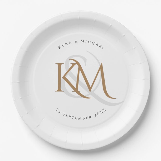 Assiettes En Carton Monogramme moderne Gold Script Mariage blanc éléga (Devant)