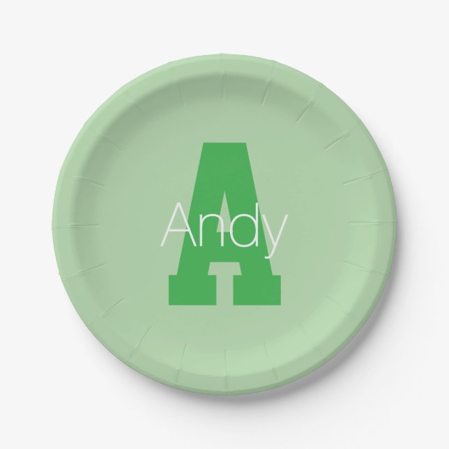 Assiettes En Carton Monogramme moderne | Pale & Kelly Green (Devant)